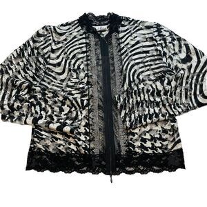 Vintage Joseph Ribkoff‎ Sheer Lace Jacket Womens S Black White Full Zip Swirl